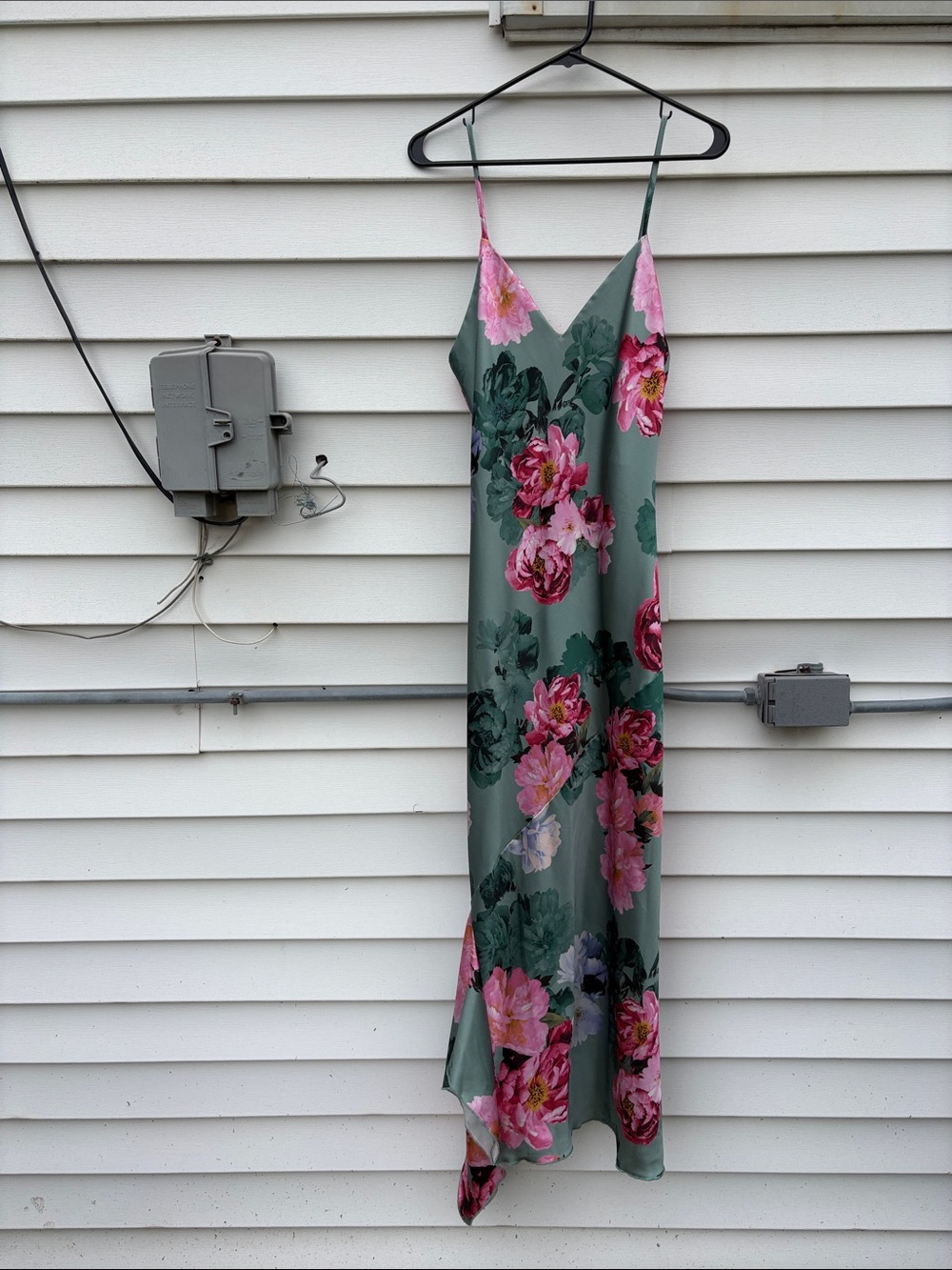 Sage Green Slip Dress with Vintage Cottage Pink Floral Print